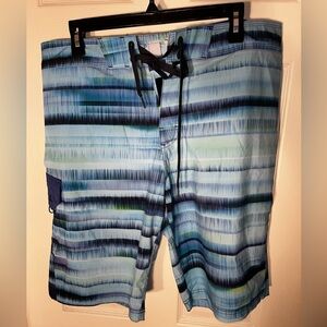 Men’s Prana Blue Seaton Shorts stripe polyester UPF 50+ swim trunks, 34